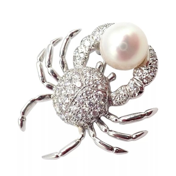 Rare! Authentic Tiffany & Co Platinum Crab 1.50ct Diamond 9mm Pearl Pin Brooch - Picture 6 of 12